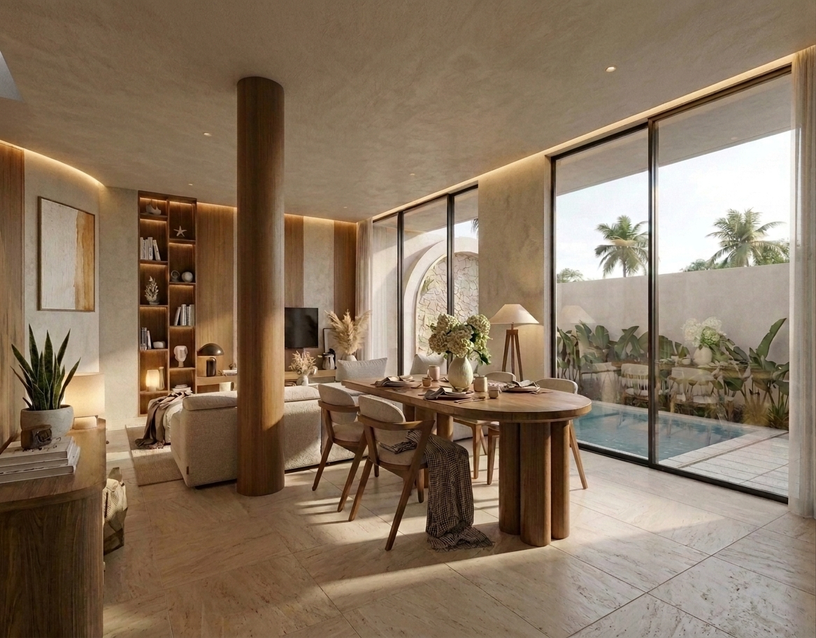 Living with pool view